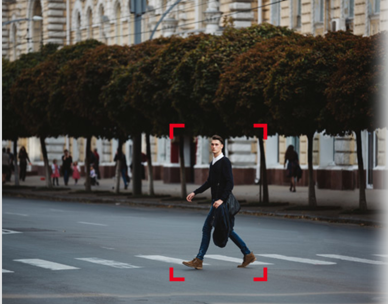 Demonstration of computer vision seeing a man crossing the street.