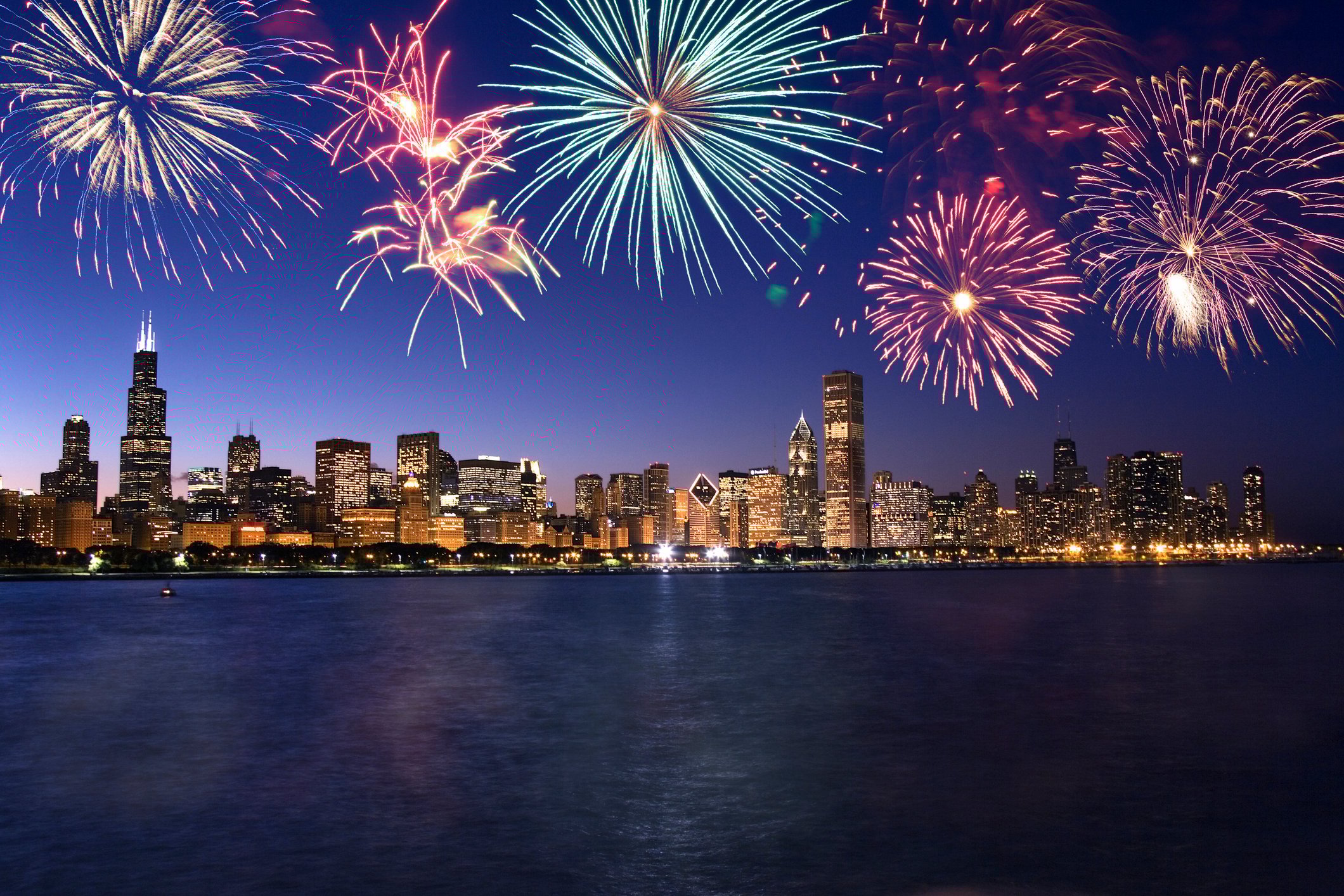 Fireworks over the Chicago skyline.