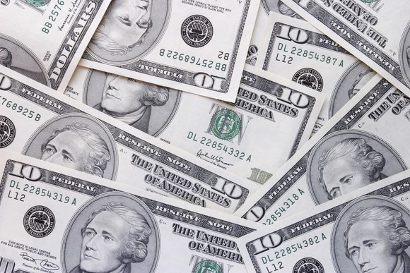 Pile of 10 dollar bills.