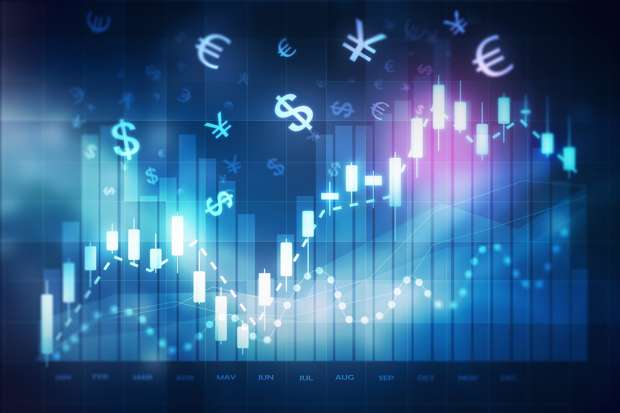 Forex trading chart showing monetary symbols of multiple countries.