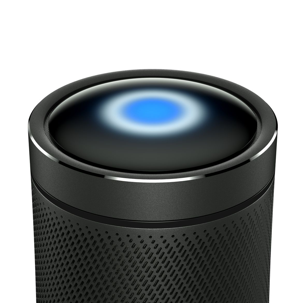 Black cylindrical speaker with glowing blue light in the top. 
