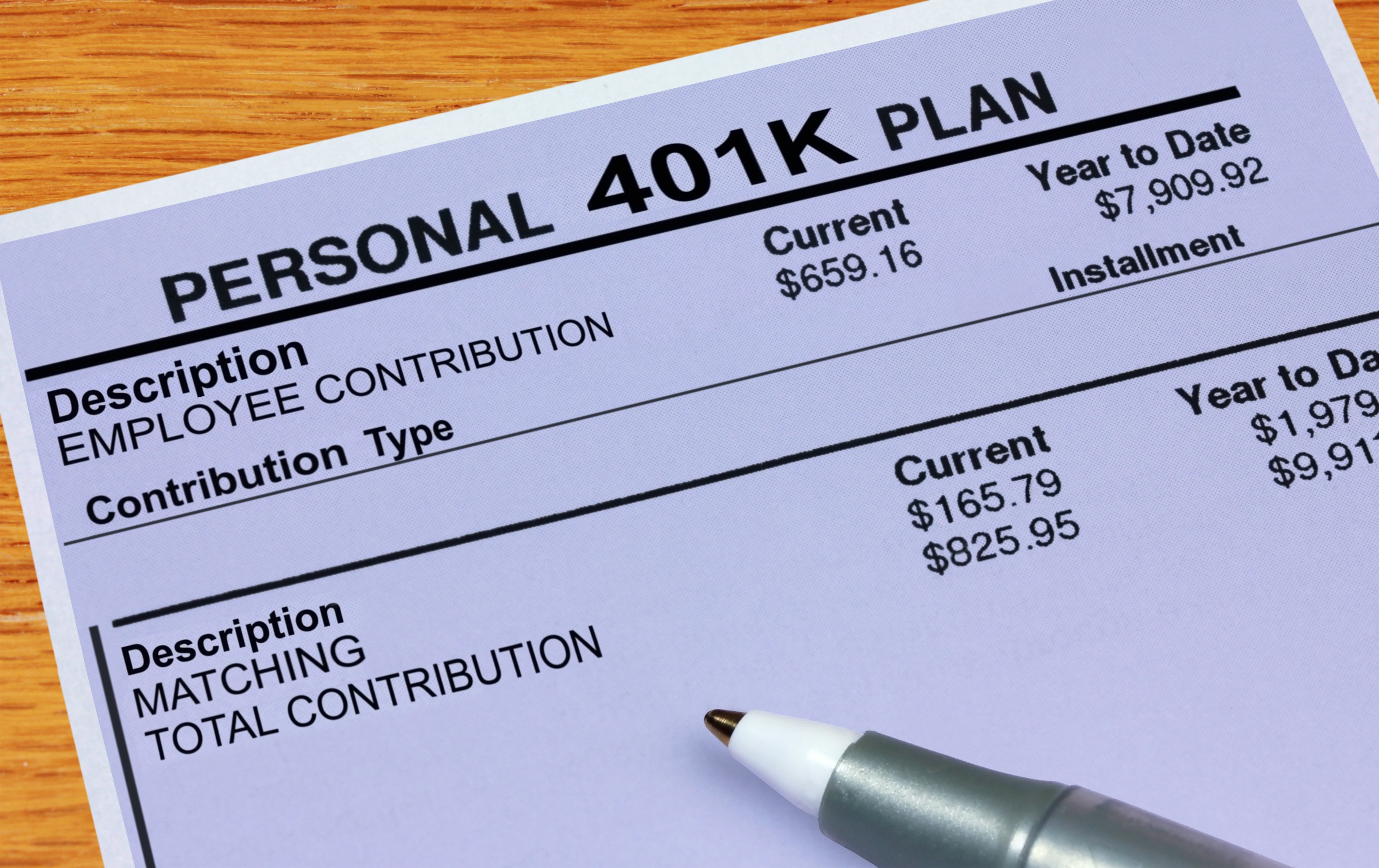 A pen sits atop a 401(k) plan statement on a table.