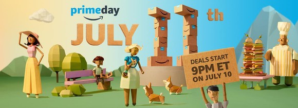 An animated graphic of people in the park with a Prime Day announcement in the background.