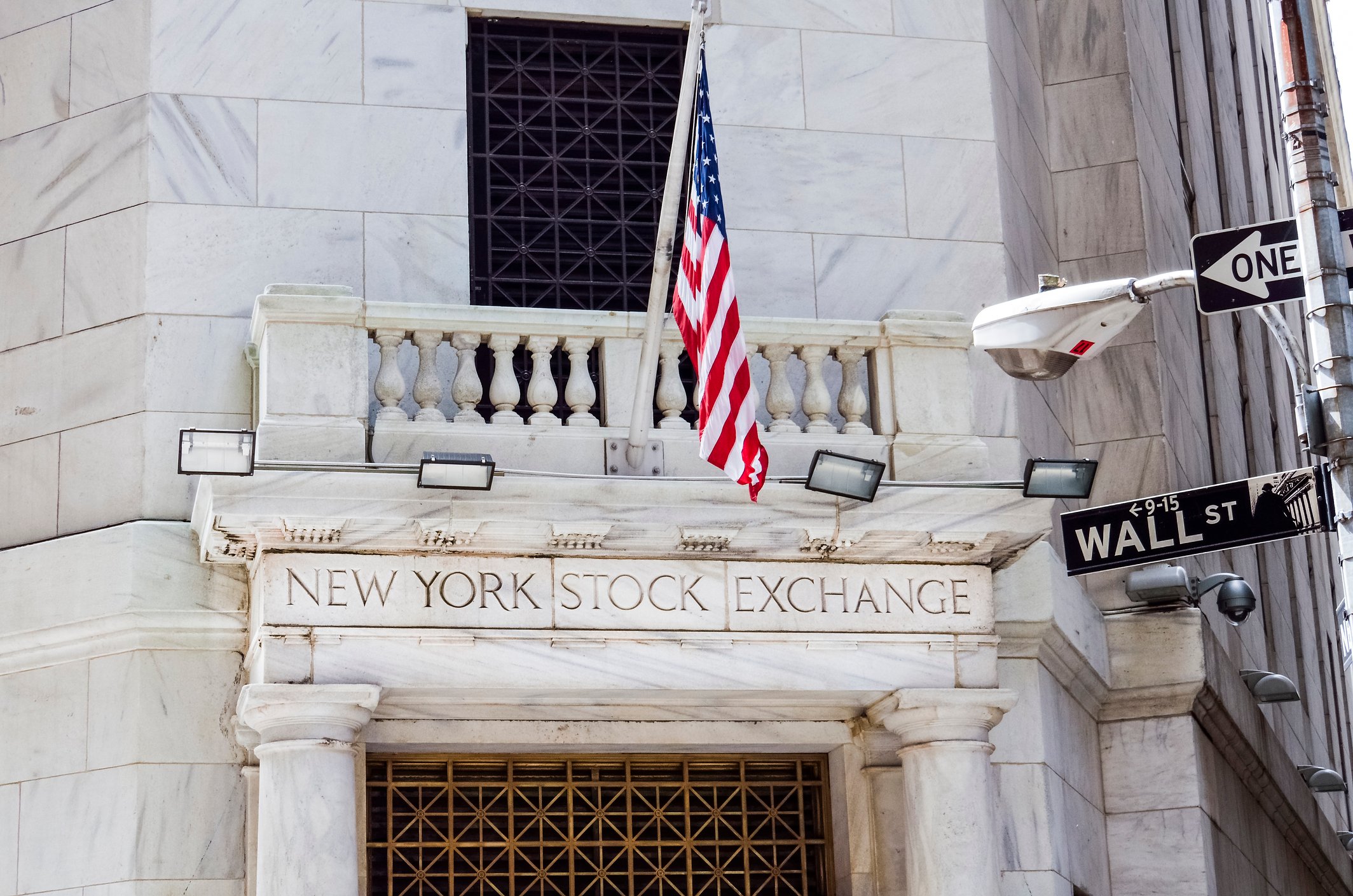 New York Stock Exchange with American flag