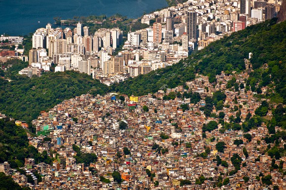 Wealthy and poor neighborhoods of Rio de Janiero shown from above.
