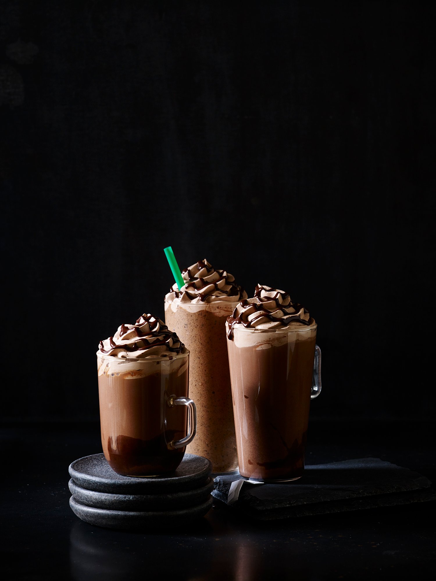 Three chocolate coffee drinks from Starbucks.