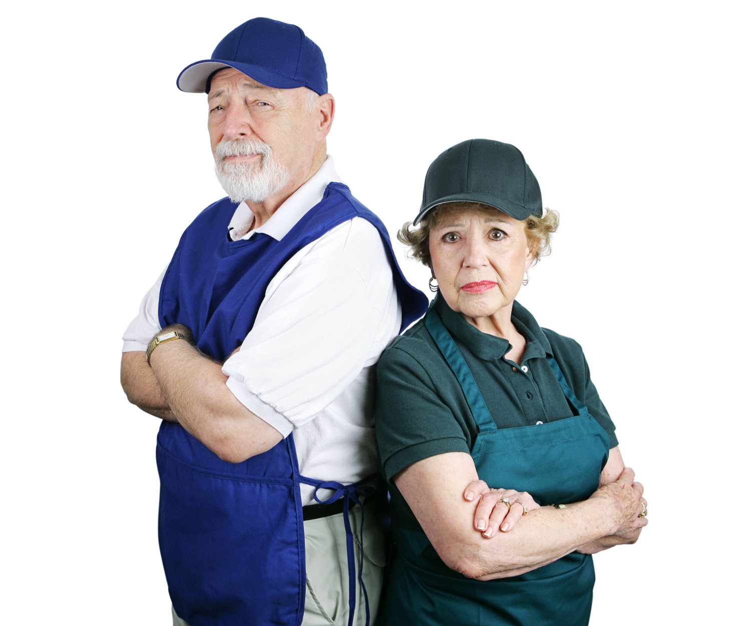 Older couple dressed in work clothes with sad expressions.