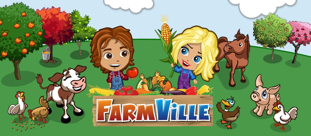 Art for one of Zynga's most popular games, Farmville, showing cartoon farmers and animals around a harvest.
