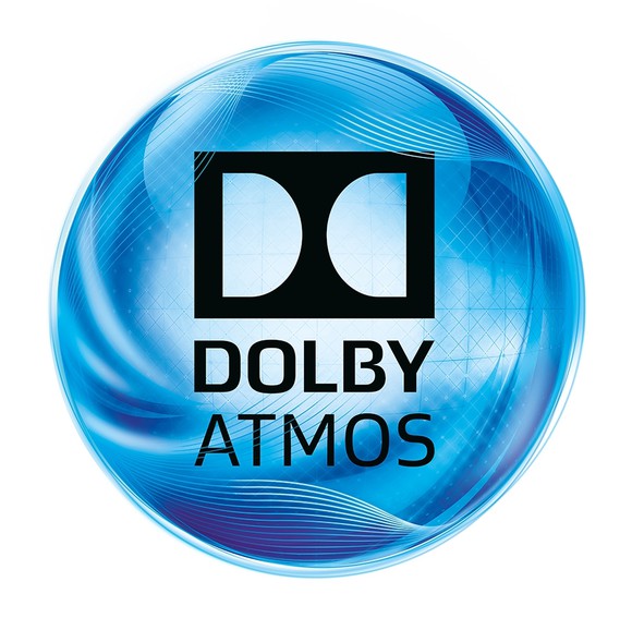Blue swirly ball with Dolby Atmos logo.