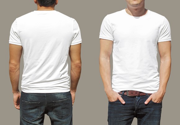 The front and back view of a man wearing a plain white t-shirt.