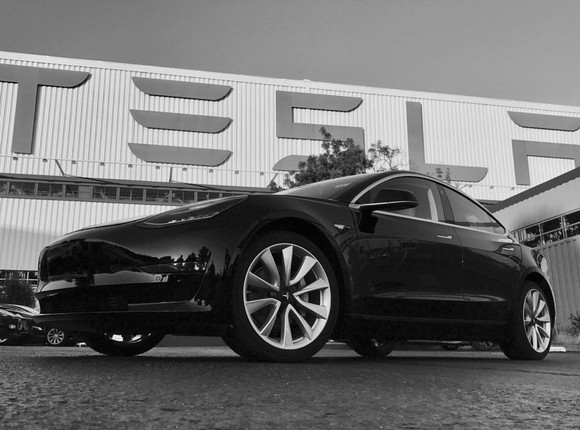 Final version of Tesla's Model 3 outside of Tesla's factory.