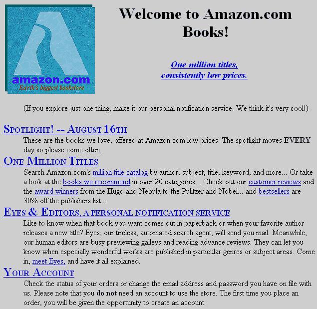 Amazon's first bookselling homepage.