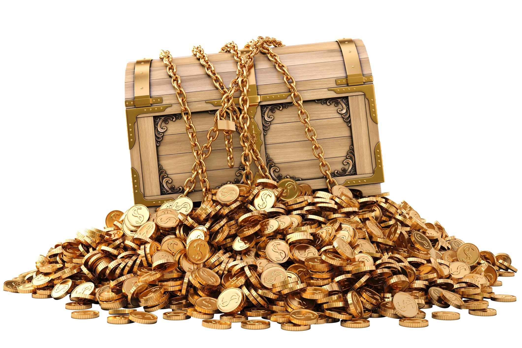 Pile of gold coins with a chest on top.
