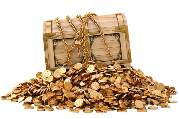 Pile of gold coins with a chest on top.