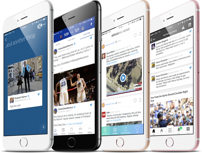 Four smartphones with Twitter app features running.