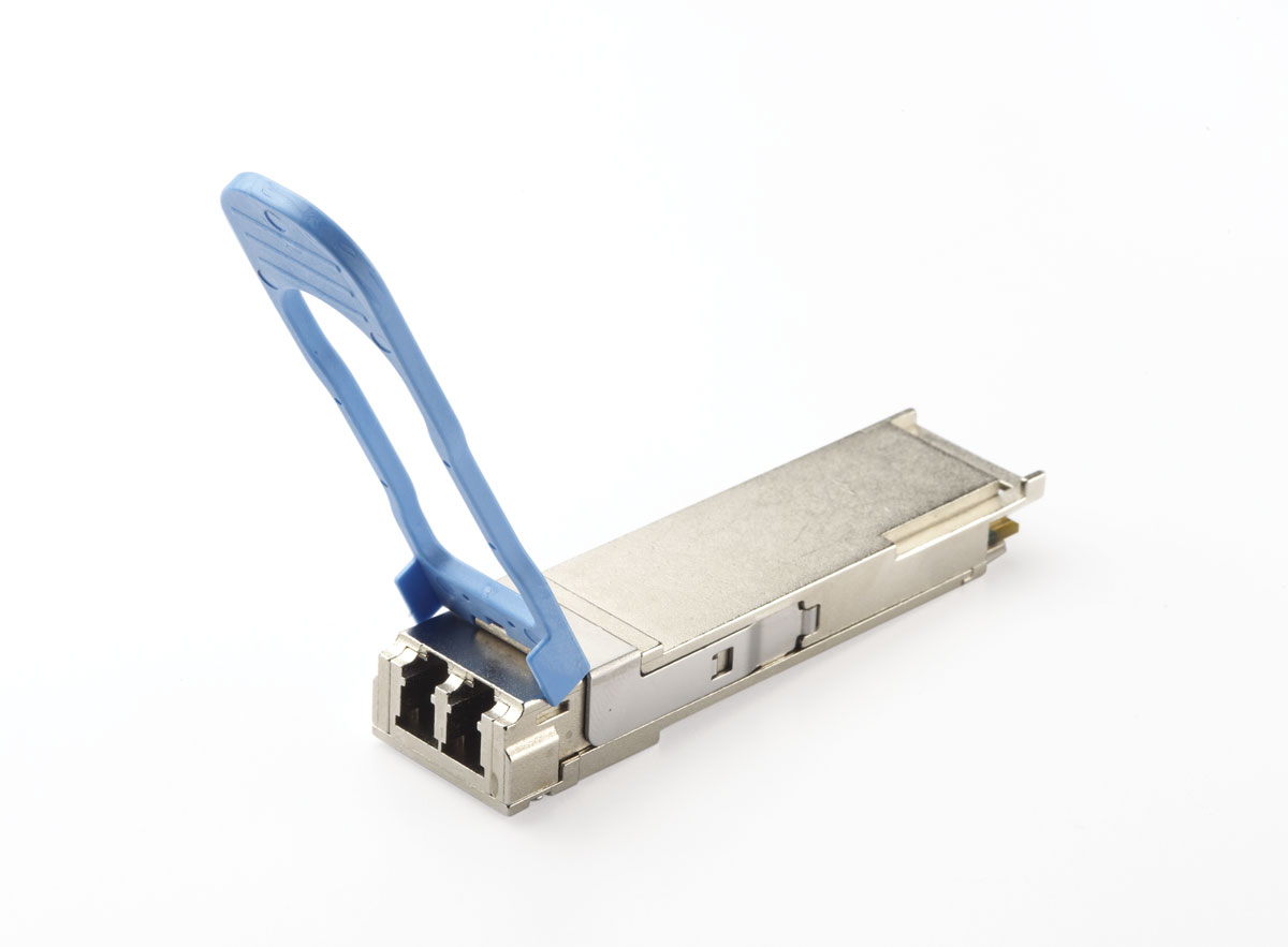An optical transceiver module, disconnected, on a plain white background.