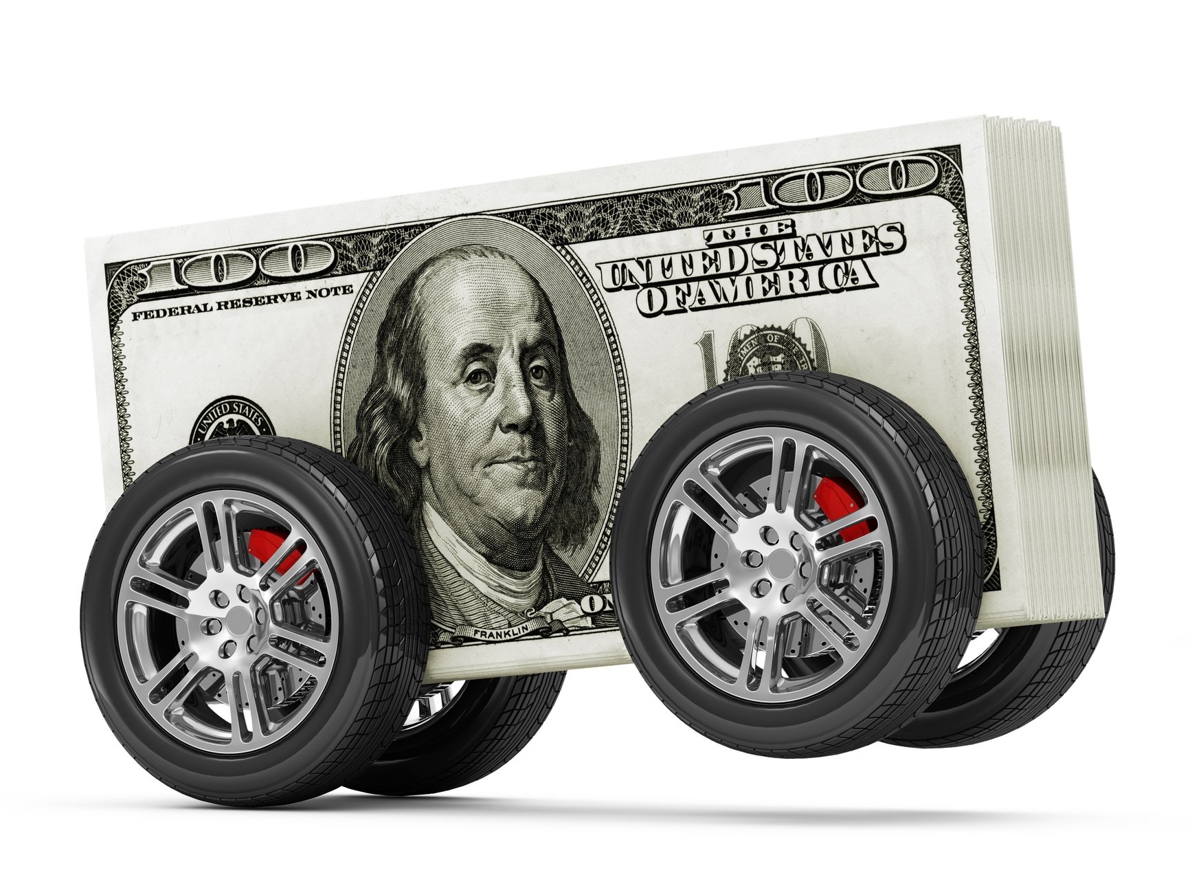 Stack of $100 bills with four wheels on it, like a car.