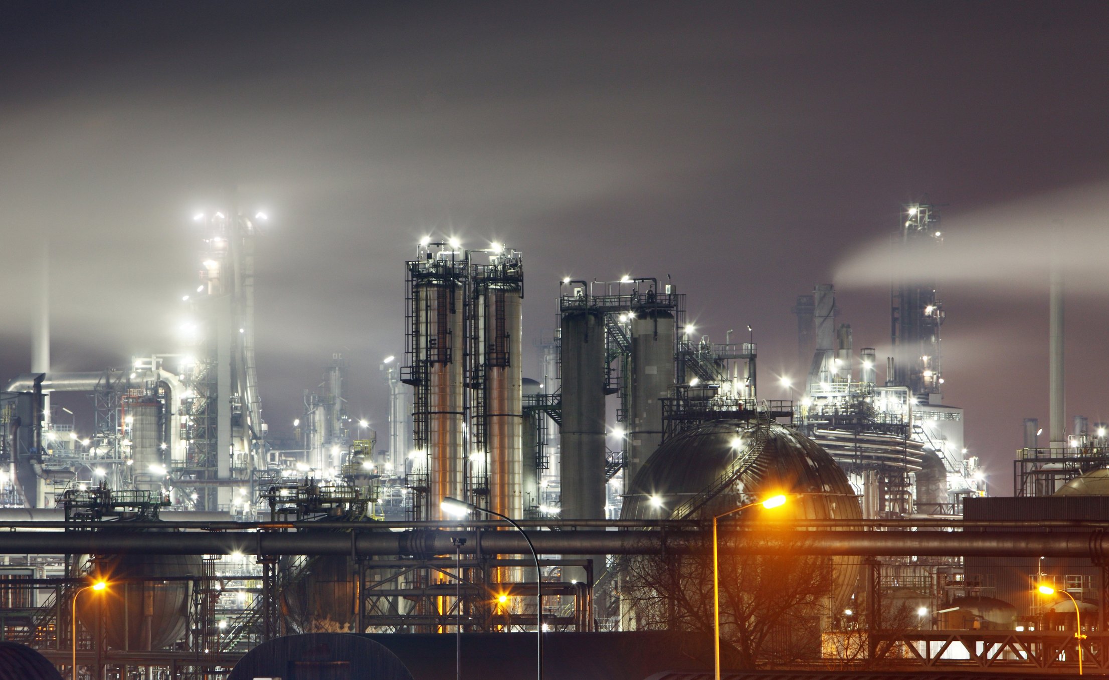 An oil refinery at night