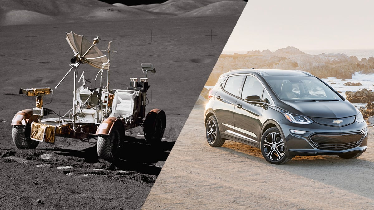 A split image showing the original Lunar Rover from 1971 on the left, and a Chevrolet Bolt EV on the right.