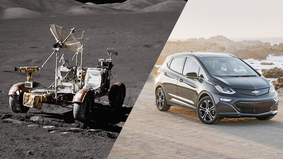 A split image showing the original Lunar Rover from 1971 on the left, and a Chevrolet Bolt EV on the right.