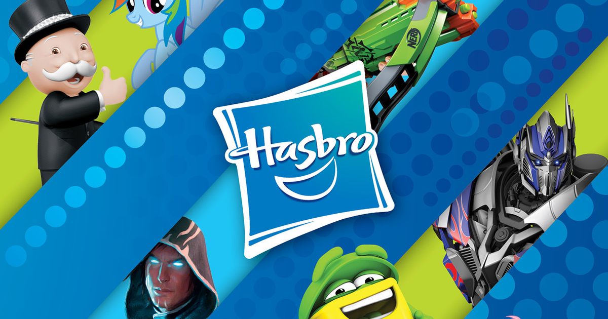 Hasbro's name in middle surrounded by images representing several of its best-known brands, including Nerf, Transformers, Play-Doh, Monopoly, and My Little Pony. 