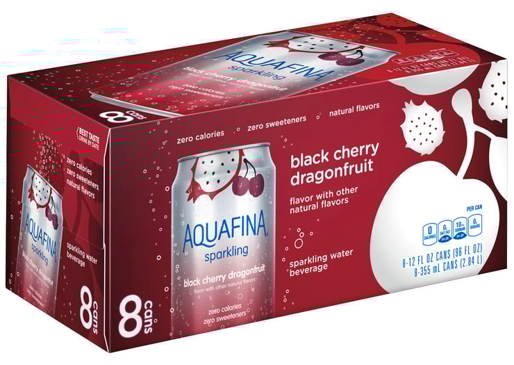 Case of Aquafina Black Cherry Dragonfruit sparkling water cans.