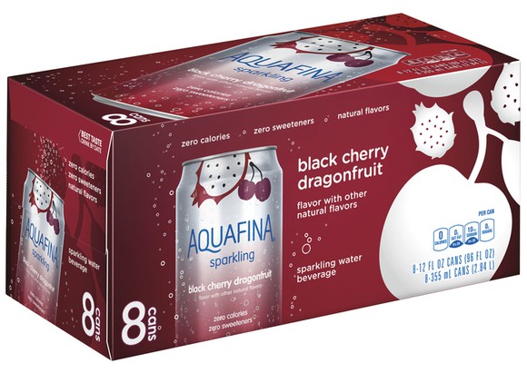 Case of Aquafina Black Cherry Dragonfruit sparkling water cans.