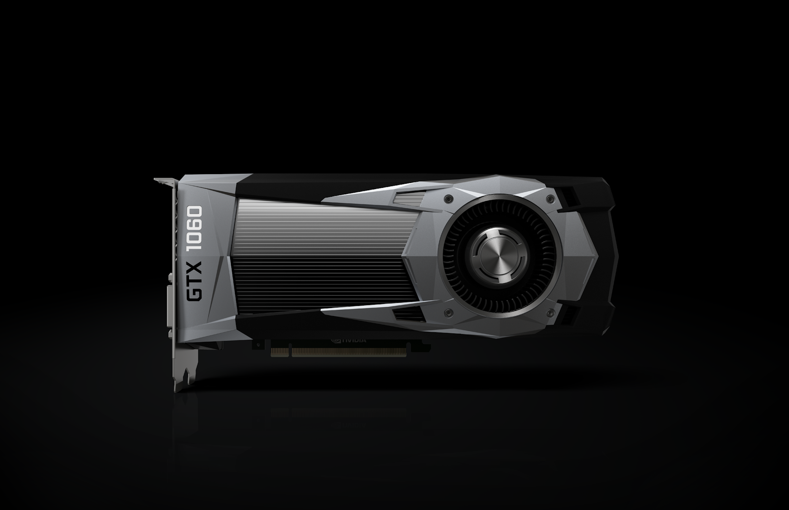 Black background with an NVIDIA GTX 1060 graphics card displayed on its side.