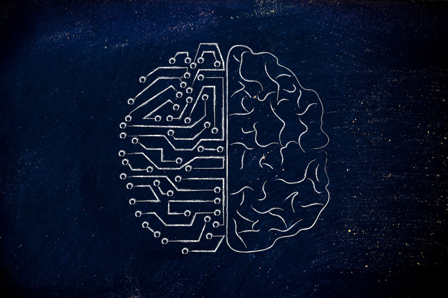 Microchip and human brain graphic next to each other.
