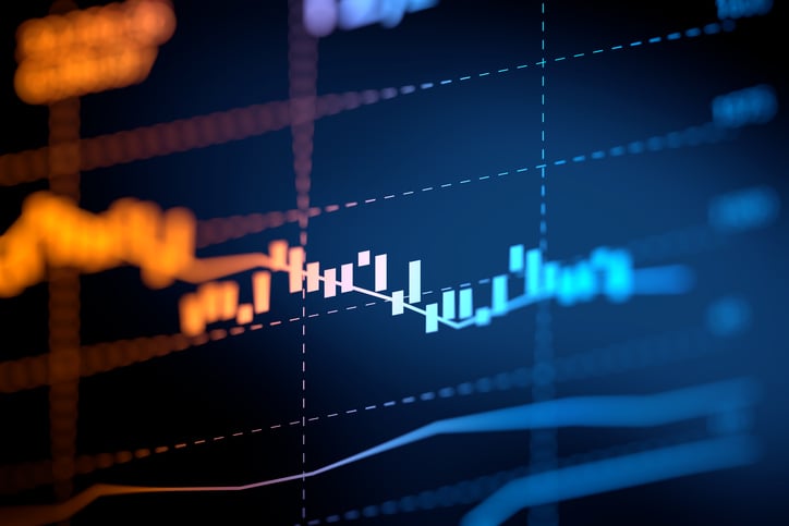 Abstract financial graph in orange and blue on computer screen.