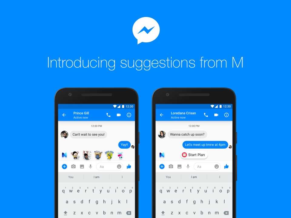 Image of Messenger app and text reading "Introducing suggestions from M".