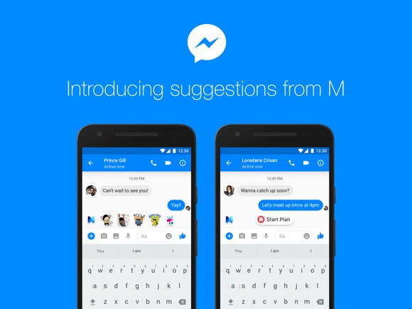 Image of Messenger app and text reading "Introducing suggestions from M".