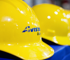 A close-up of a yellow Avista hard hat.