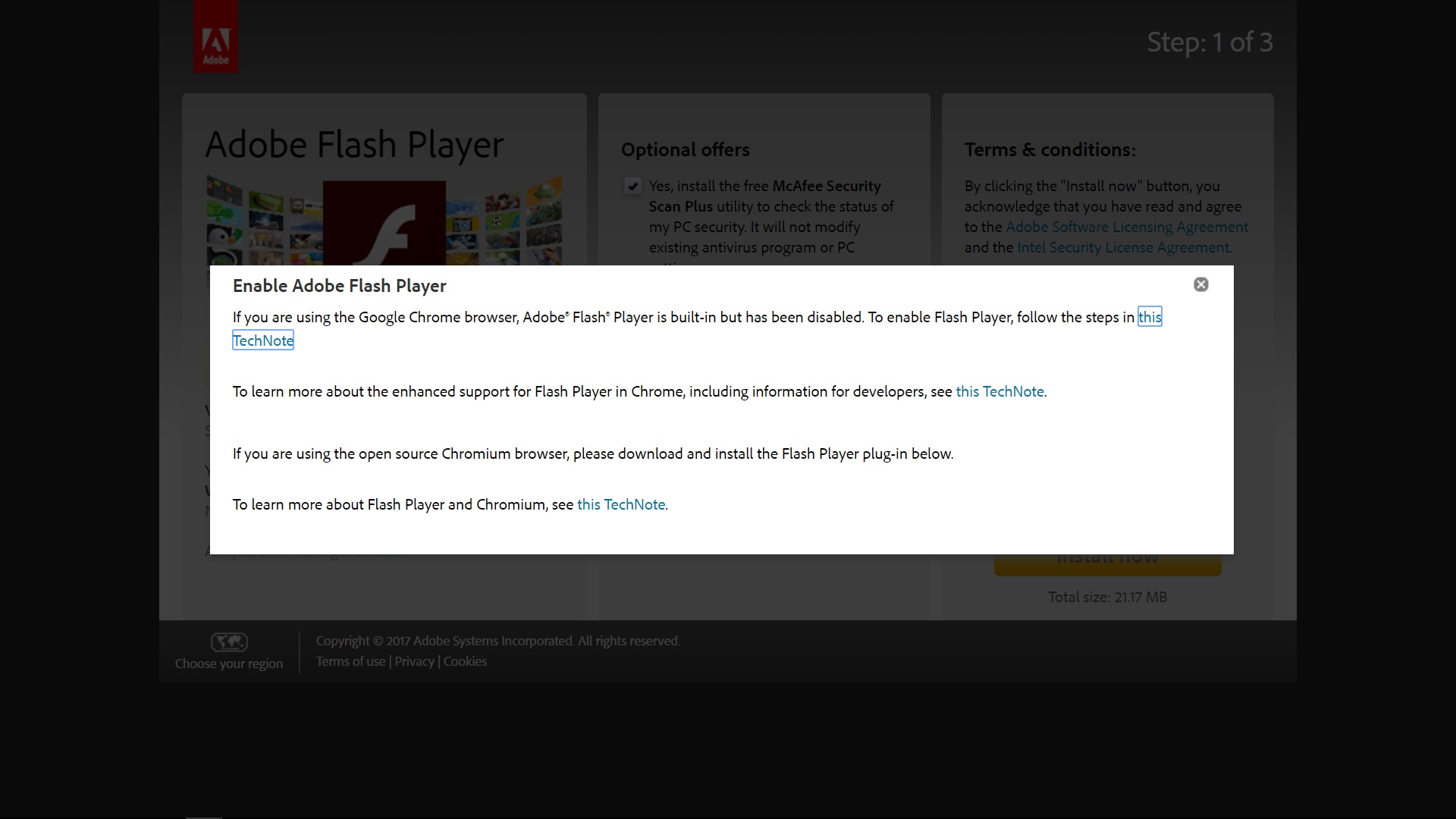 The Adobe Flash web page displays a prompt to enable Flash Player.