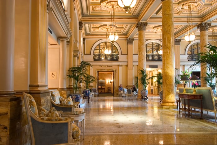 Entrance lobby of a luxurious hotel.