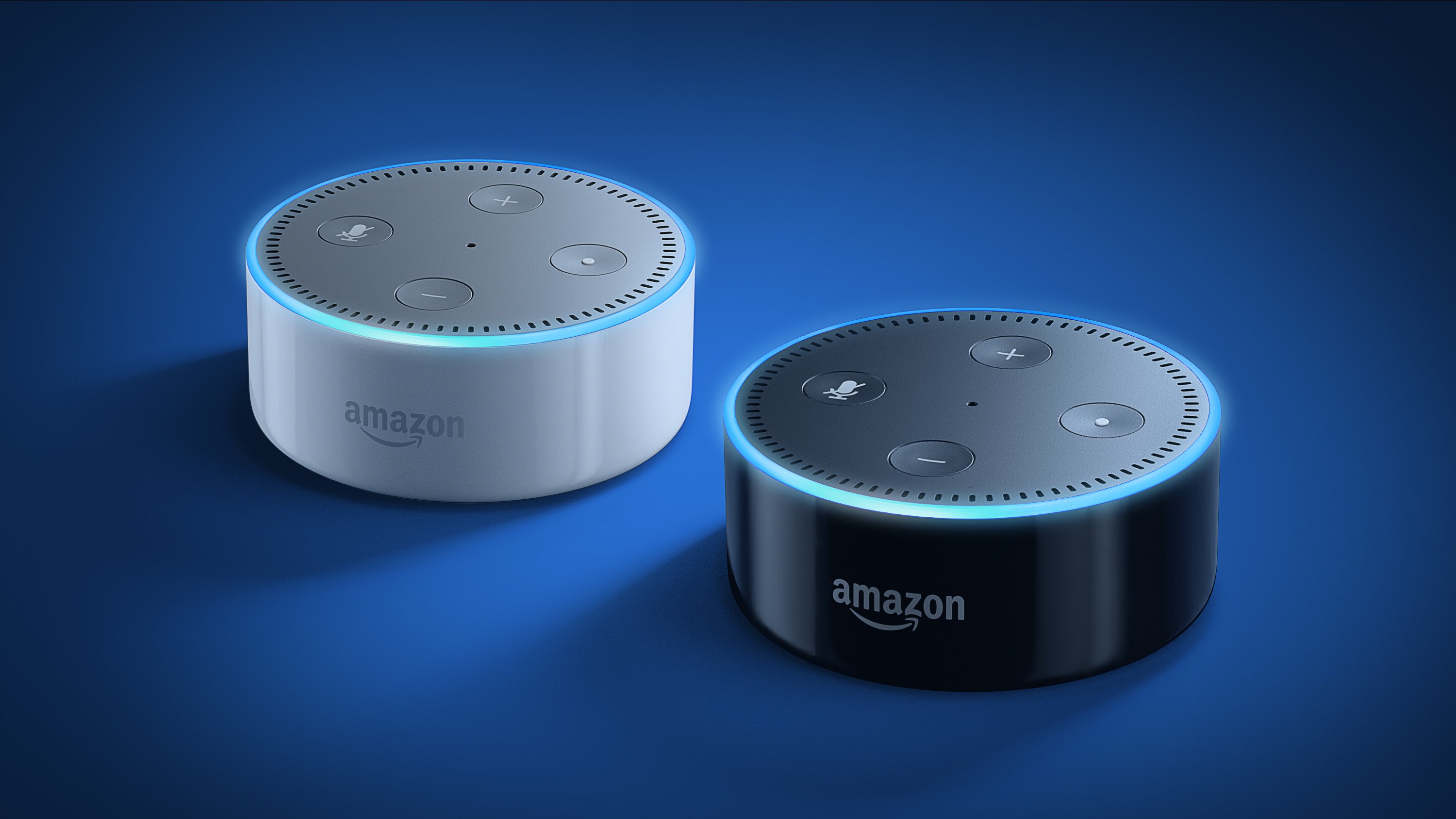Two Amazon Echo Dot devices, one white and one black, on a blue mat