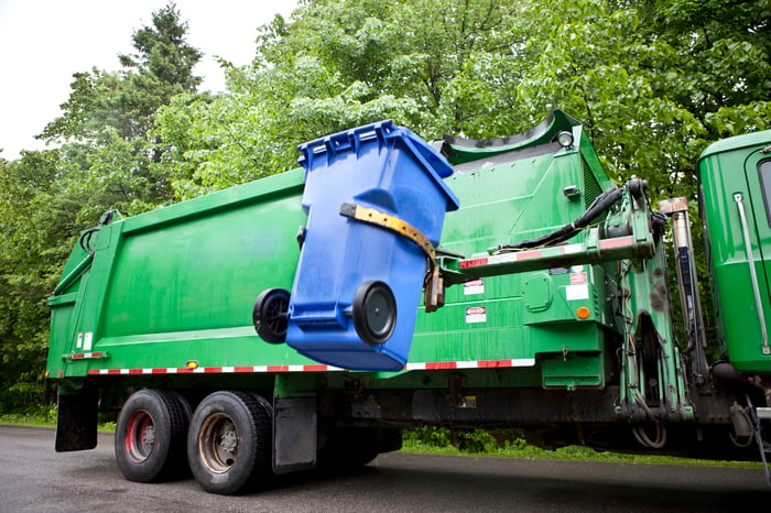 Robot Arm emptying Wheeled Recycling Bin.