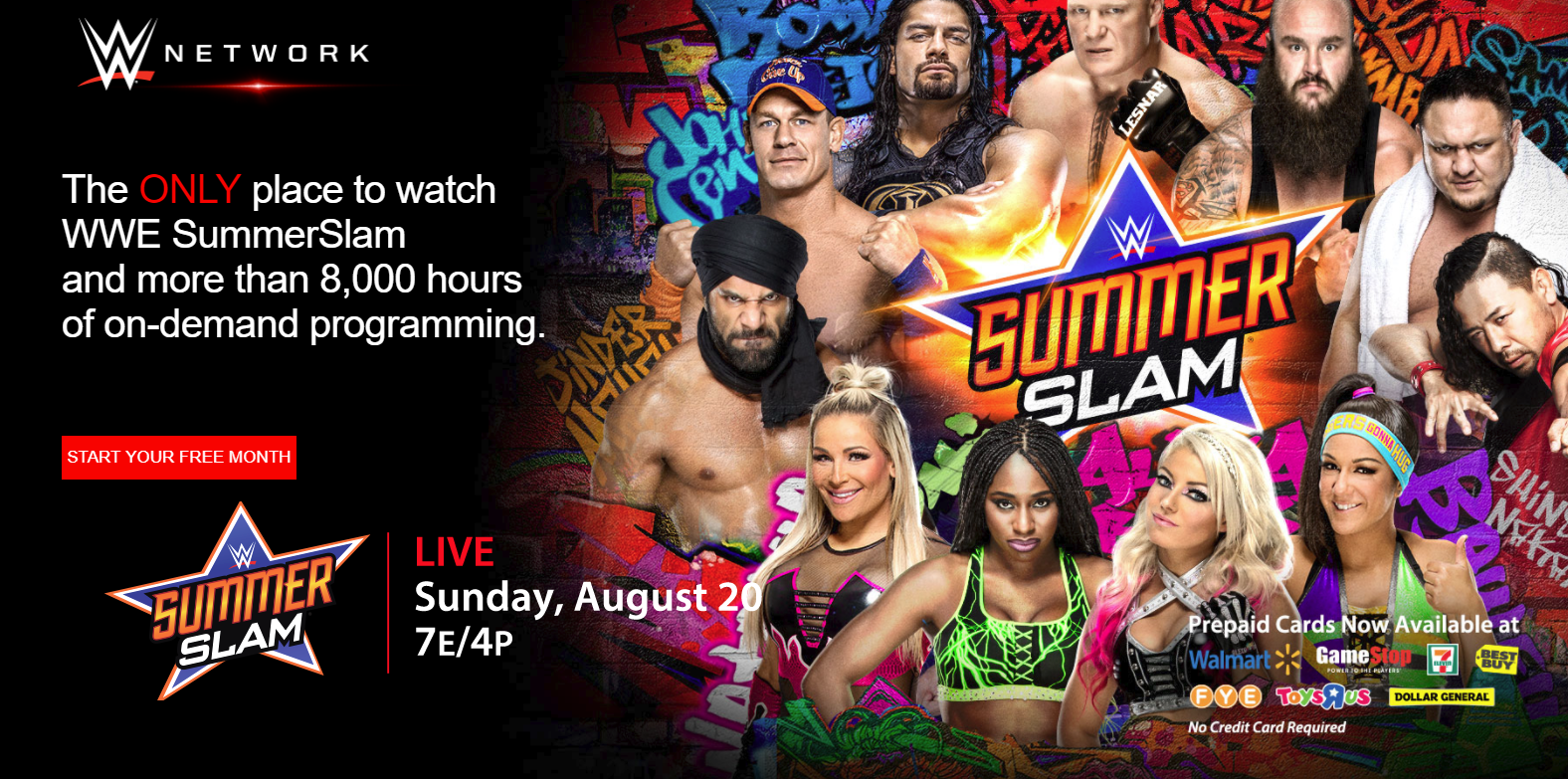 WWE Network Summer Slam 2017 advertisement showing various wrestlers.