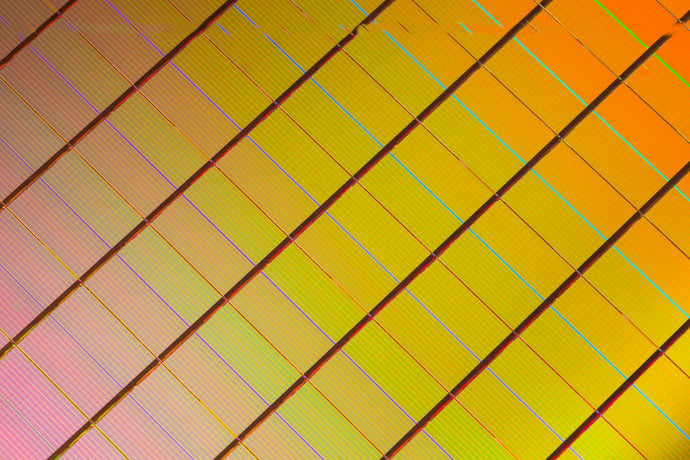 Closeup of a 3D XPoint memory wafer