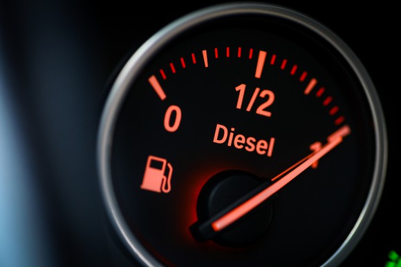 A vehicle's gas gauge, with the word "Diesel" shown and the needle pointing to a full tank.