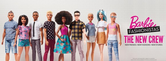 New line of Barbie and Ken Fashionistas dolls featuring a variety of body types, skin tones and outfits.