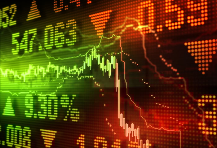 A stock chart plunges on a digital board.  