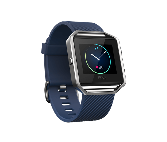 A picture of the Fitbit Blaze fitness tracker with a blue band.