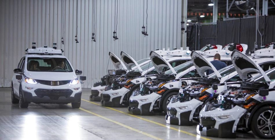A Chevy Bolt EV production lineup. 