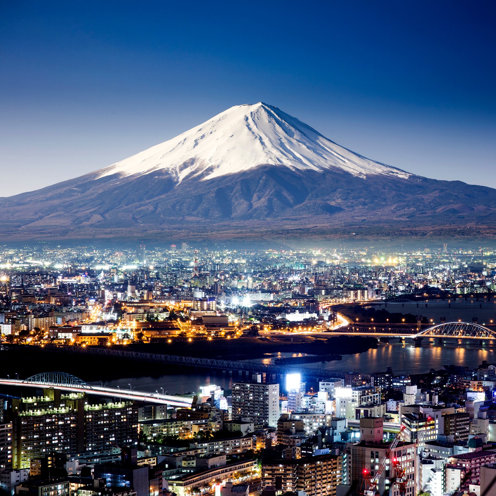 Japanese city landscape with Mt. Fuji in background