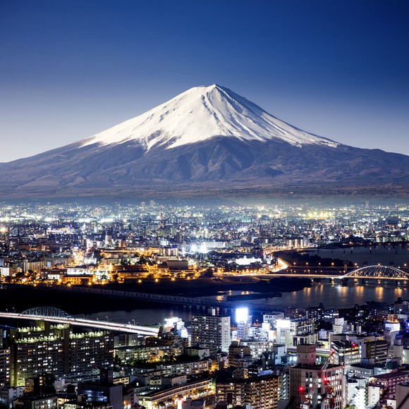 Japanese city landscape with Mt. Fuji in background