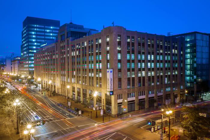 Exterior of Twitter's headquarters at night.