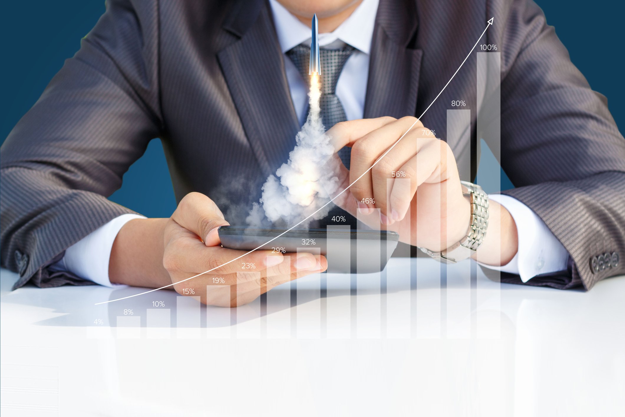 Businessman launches a rocket from his smartphone, behind an overlaid bar chart showing strong growth.