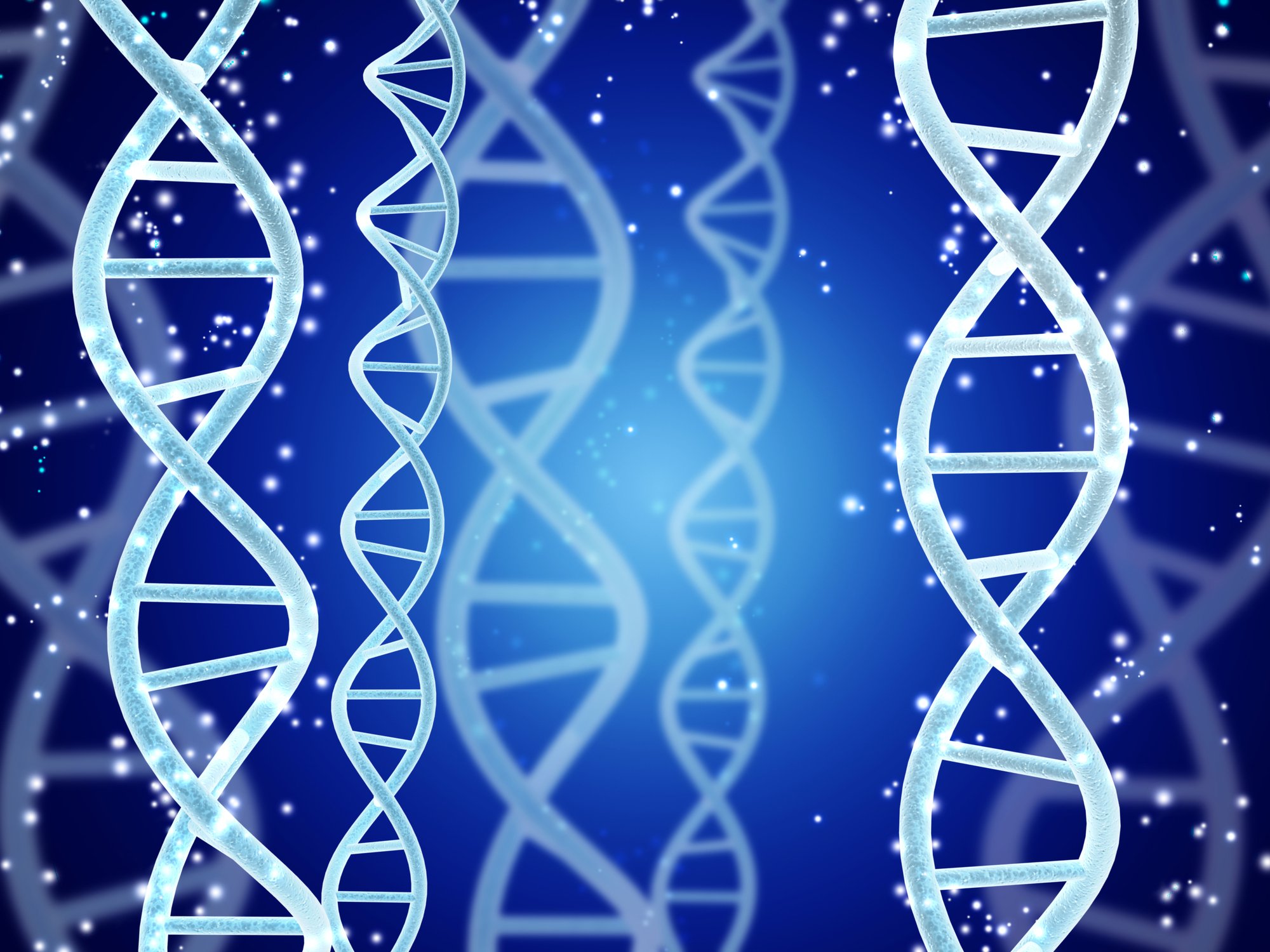 Digital models of DNA structure and sparks on abstract blue background.
