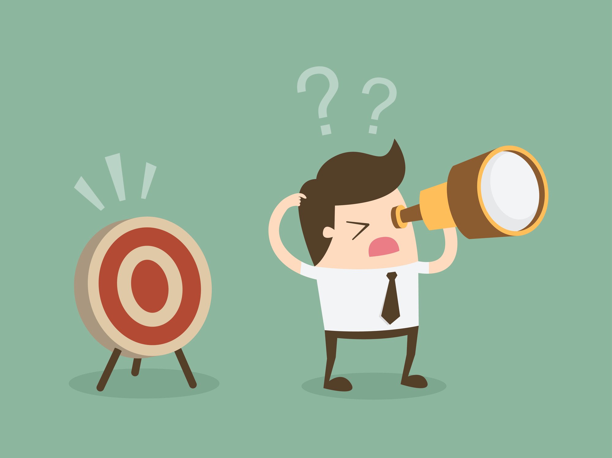 A confused cartoon businessman looking for an archery bulls eye that is right behind him. 